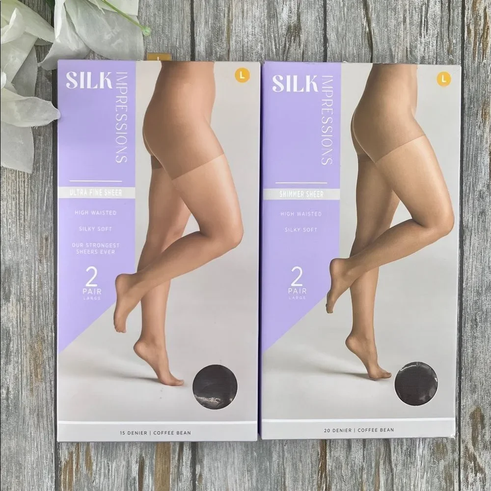Silk Impressions Shimmer Sheer Pantyhose Stockings 20 Denier Sheer 2, 2-Packs L